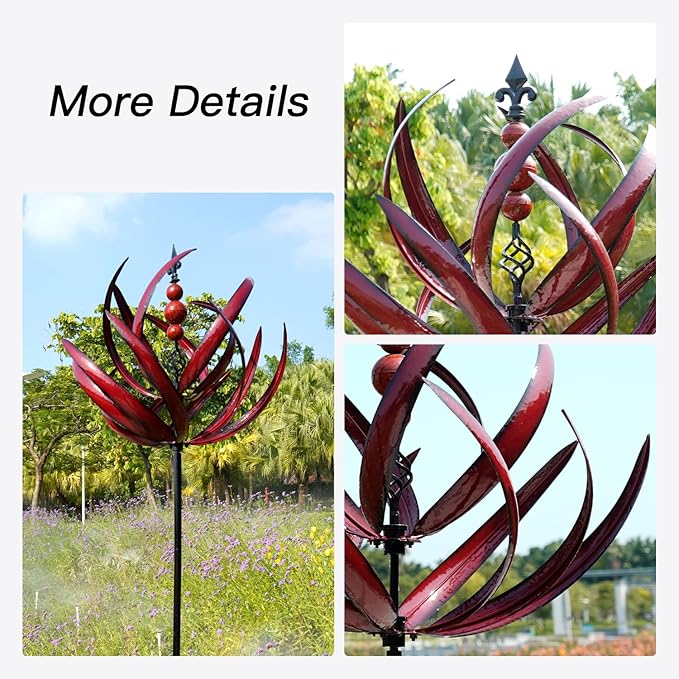 Yard Garden Wind Spinners - Large Outdoor Metal Wind Spinners Sculptures, Lawn Yard Art Garden Decor (Burgundy Lotus)