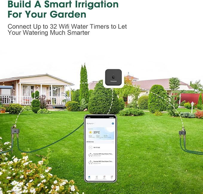 Smart Hose Watering Timer with Wi-Fi Hub, Automatic Irrigation System Controller for Lawns and Yard, Compatible with Alexa Dark Gray-Brass Inlet & Plastics Outlet (2-Outlet)