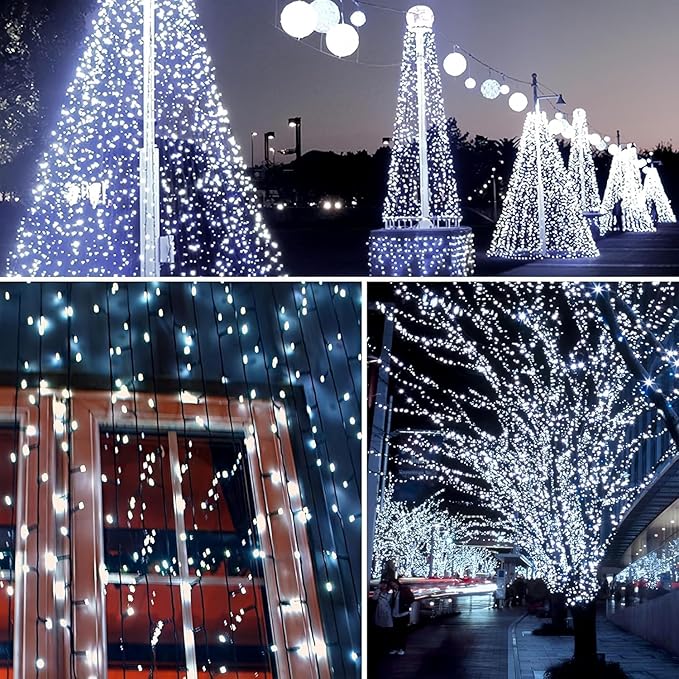 EEW 2-Pack 200 LED Solar String Lights for Outside, Solar Christmas Lights with 8 Lighting Modes, Waterproof Green Wire Solar String Lights Outdoor for Tree Xmas Party Garden Decorations (Cool White)