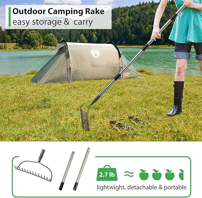 Rake for Leaves, Garden Bow Rake Heavy Duty, 48 in Leaf Rake for Lawns, Back-Saving Metal Rake with 14 Tines Rake Head, Yard Gardening Tools for Loosen Soil, Clear Gravel Grass Rock, Level Mulch
