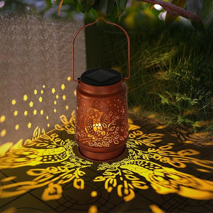 Outdoor Solar Lanterns Waterproof - Metal Hanging Solar Lights Outdoor Decorative, Solar Powered Lamp for Patio Yard Garden Decor, Christmas Birthday Gifts for Women Mom (4 Pack, Owl Shape)