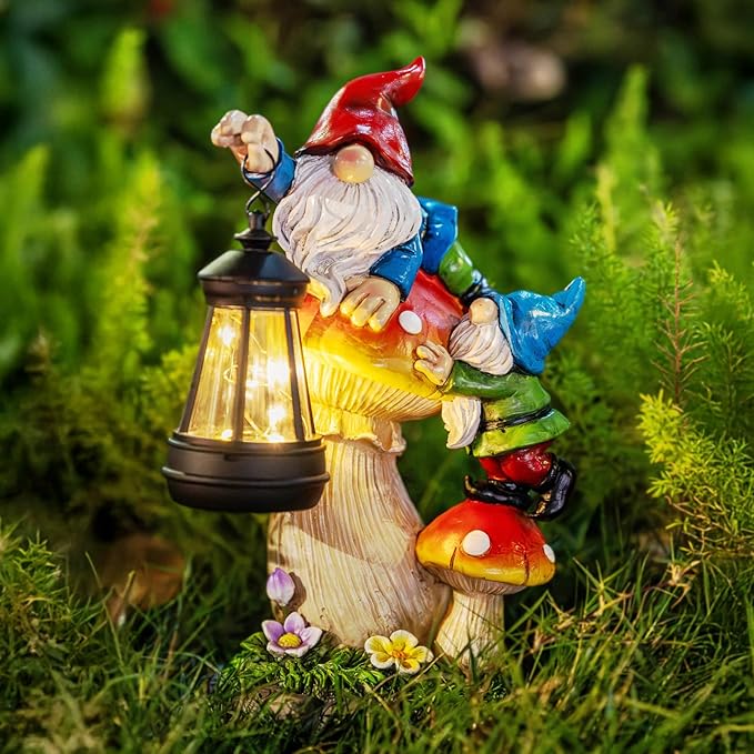 Solar Garden Statue Gnomes Figurine Lights,Funny Gnomes Standing on Mushrooms with Lanterns, with Lanterns Outdoor Yard Decorations for Patio Porch Home, Garden Gifts for Women Mom