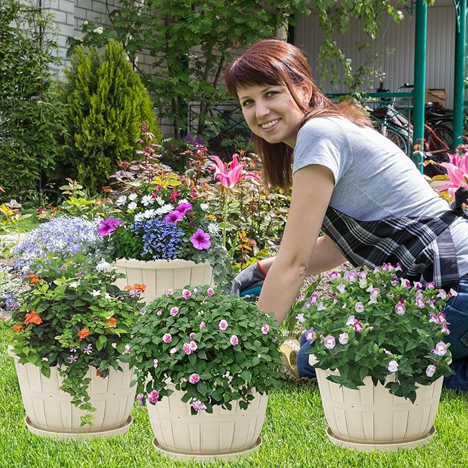 Quarut 10 inch Plastic Flower Pots for Indoor Plants,4 Pack Large Outdoor Planter Pot with Drainage Holes & Saucers,Imitation Wine Barrel Design,for Indoor Outdoor Garden Plants(Beige)