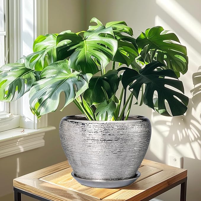 Flower Pot for Indoor Plants - Ceramic Planter 10 Inch Plant Pot with Drainage Hole and Saucer Large Decorative Planter Outdoor Mid-Century Planter for House Silver