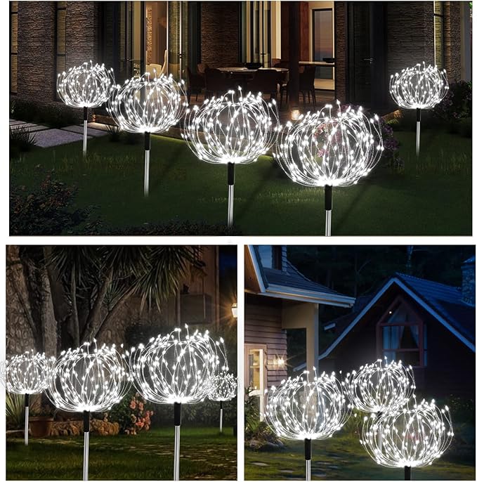 Solar Garden Fairy Lights 4 Pack 120 LED 30 Copper Wire Outdoor Firework Landscape Path String Lights Waterproof 8 Lighting Modes Remote Control for Backyard Christmas Party Decorative (White)