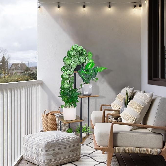 4 Tier Wood Tall Plant Stand Metal Rack Indoor, Multiple Flower Pot Holder Shelves Corner Rack, Planter Shelf Display Rack Storage Organizer for Patio Living Room Balcony Garden(Black)