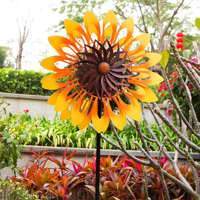Sunflower Wind Spinners, 360 Degrees Swivel Metal Wind Sculptures, 76" Large Garden Pinwheels for Yard Lawn Patio Decor