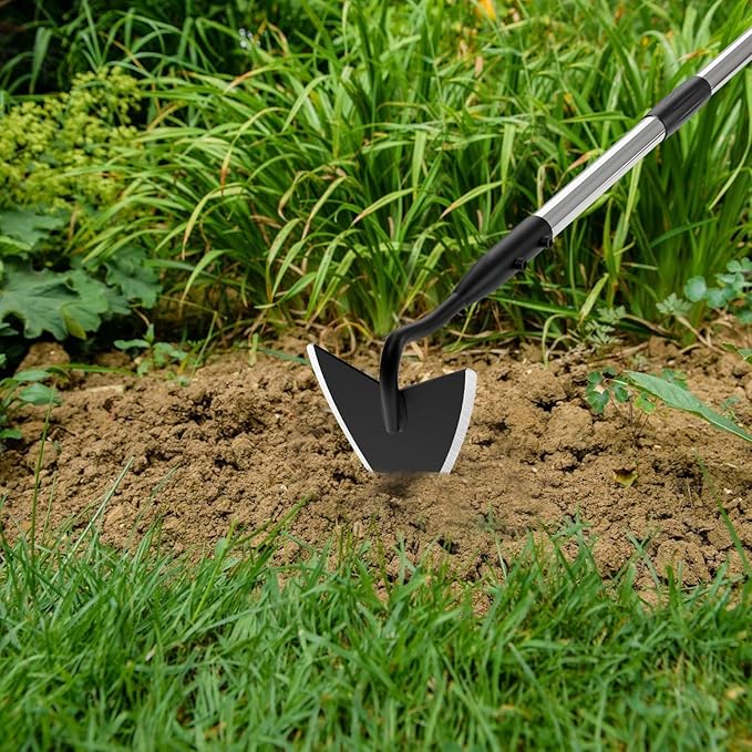 Warren Hoe Garden Tool, Heavy Duty Garden Hoes for Weeding Long Handle, Easy Stand Up Triangle Weeder Tool for Garden, 35-66 inch Adjustable Gardening Hoe for Weed, Trench, Loosen Soil, Landscape