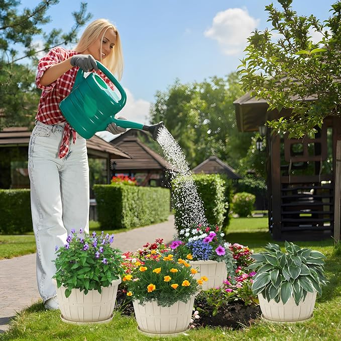 Quarut 12 Inch Large Planter Pot for Plants Indoor Outdoor, 4 Pack Plastic Flower Pots with Drainage Hole & Tray, Modern Decorative Garden Pot with Saucer, Plant Container for House(Beige)