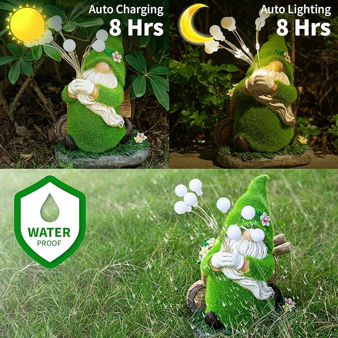 mopha Garden Gnomes Statues Outdoor Decor, Funny Solar Powered Fairy Firefly Lights Lawn Ornaments, Resin Figurines Outside Decoration Clearance Gardening Gift