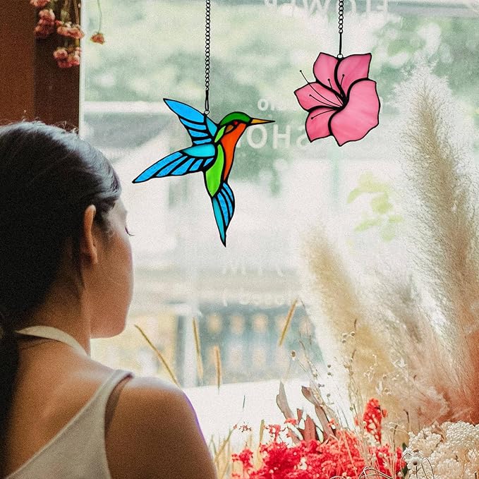 2 Pack Stained Glass Hummingbird with Flower Suncatcher for Window Hanging Ornament, Sun Catchers Indoor Window, Stained Glass Birds with Flower Gifts for Women, Mom, Birds Lovers