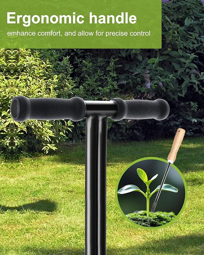 Lawn Aerator Coring Garden Tool with Soil Core Storage Tray, Manual Yard Plug Aerators & Clean Tool, Grass Aeration Gardening Tools with 3 Tines for Lawn Care, Compacted Soil, 37.6”