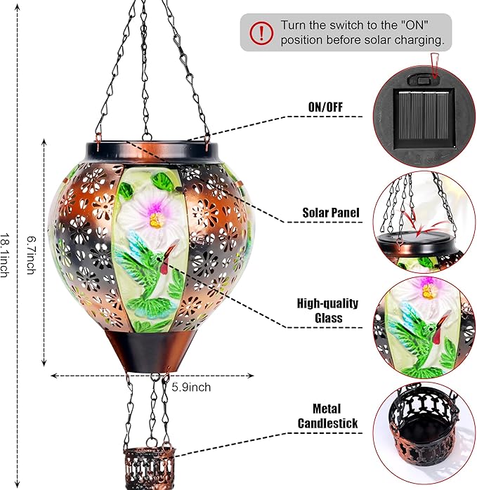 2 Pcs Hummingbird Solar Hot Air Balloon Lantern with Flame, Hot Air Balloon Decorations for Yard Porch Decor, Glass Large Hanging Outdoor Decor, Solar Lantern Waterproof, Hummingbird Gardening Gifts