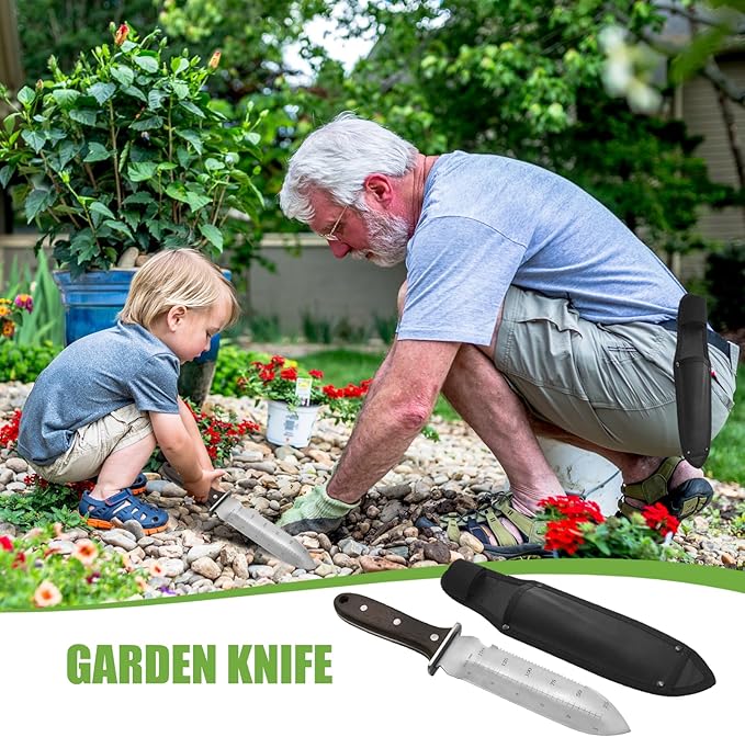 Professional Hori Hori Garden Knife, 7" Stainless Steel Blade with Protective Coating Full-Tang Wood Handle with Oxford Sheath for Weeding, Digging, Cutting and Planting