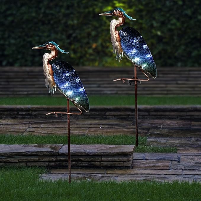TERESA'S Collections Garden Decor for Outside Blue Heron Solar Lights, 42" Glass Lawn Ornaments with Outdoor Lights Decorative Stake, Yard Art Decorations Outdoor for Patio Gifts for Mom Grandma
