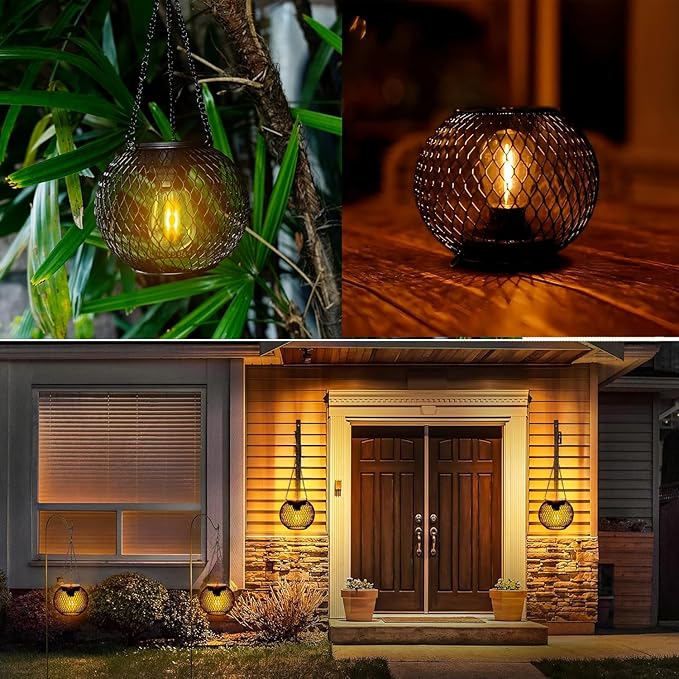Solar Lanterns Outdoor, 2 Pack Brighter Metal Solar Hanging Lanterns, IP65 Waterproof Solar Lights Outdoor, Gardening Gifts & Decor for Garden Yard Patio Pathway