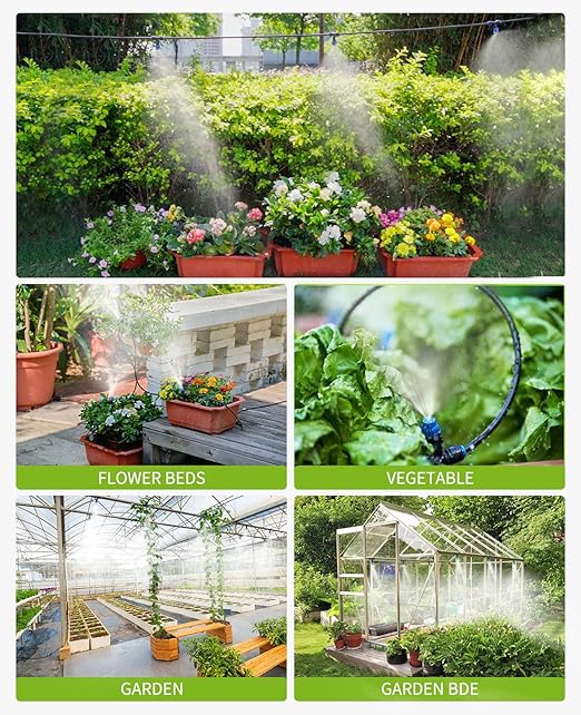 HIRALIY 118FT Greenhouse Mist Drip Irrigation Kit, Hanging Plant Watering, Garden Watering System with 1/4" Blank Tubing and Misting Nozzles, Quick Connector Design Automatic Irrigation System