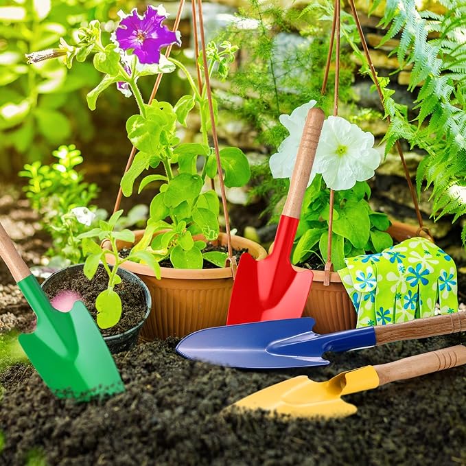 Gisafai 12 Pcs Toy Shovels for Kids Gardening Tools Kids Shovel Mini Metal Garden Shovel Sand Shovels for Kids with Sturdy Wooden Handle for Toddler Soil Planting Digging Tools, 4 Colors