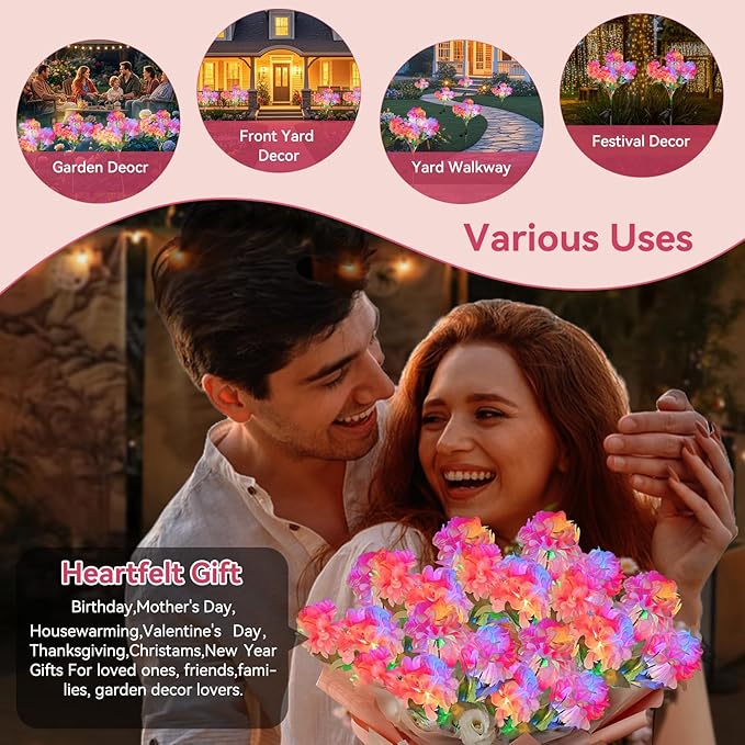 Neporal Solar Flowers Outdoor Waterproof IP65, 2PK 5-Head Hydrangea with 4-Color Light & 2 Lightning Modes, Solar Garden Lights Outdoor Waterproof for Garden, Yard,Pathway, Gardening Gifts for Women