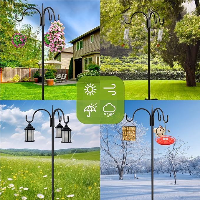 FEED GARDEN [Upgrade Version 76 Inch Three Shepherd Hooks for Outdoor,Bird Feeder Pole with 5 Prong Base, Adjustable Shepard Hooks for Hanging Plant, Solar Lanterns, Wind Chimes, 2 Pack