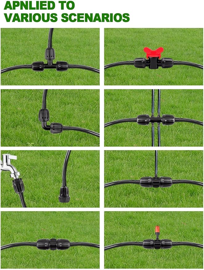 24 Pcs 1/2 inch Tubing Irrigation Fittings Kit, Kalolary Barbed Locked Connectors for Garden Lawn Drip Irrigation System(Switch Valves, T Connectors, Tees, Elbows, Ends, 1/2" to 1/4" tubing Reducers)