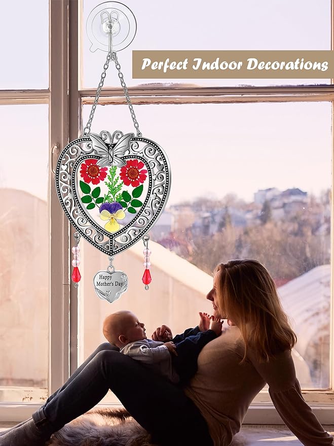 KY&BOSAM Suncatcher Happy Mother’s Day Stained Glass Tree of Life Heart Gifts Garden Ornament Wind Chimes for Windows Pressed Flower Between Heart in Glass Metal Engraved Charm as