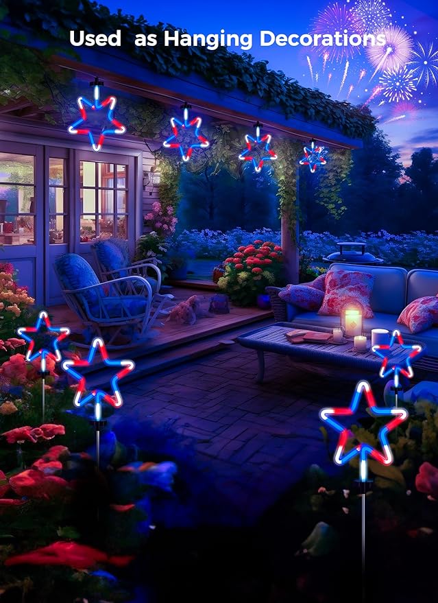 Brightown Red White and Blue Lights, 4th of July Decorations Outdoor, 8 Large Neon Star Pathway Lights Plug in, Patriotic Decorations Fourth of July Decor for Independence Day Garden Yard Outside
