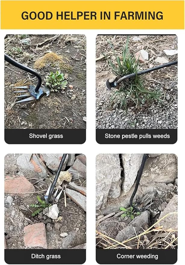 Amposei Weeding Artifact Uprooting Weeding Tool, Multifunctional Weeder, Hand Weeder Tool, Stand Up Weed Puller Tool with Handle for Garden Yard Farm Weed Removal (16in, Black Metal Handle)