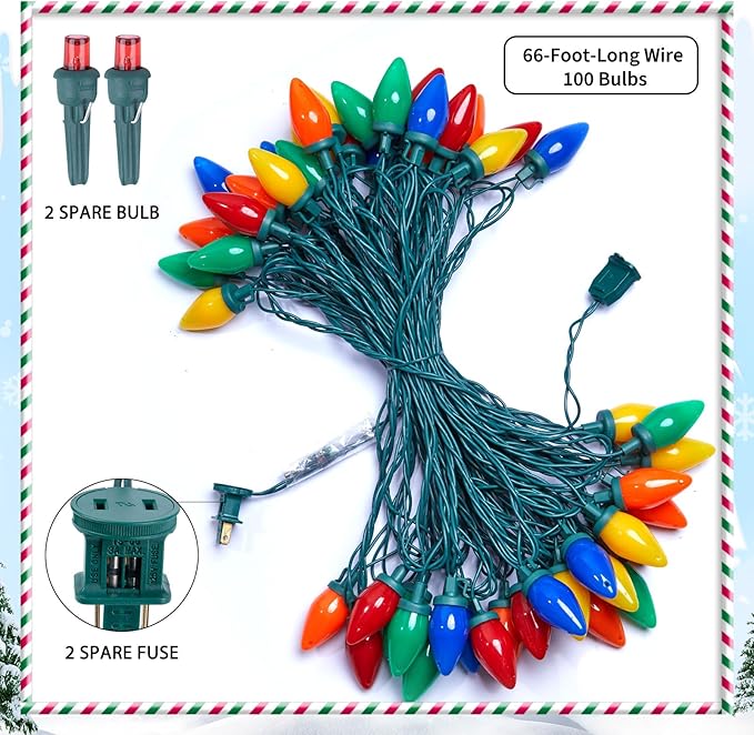 Brightown C9 LED Christmas String Lights, 66ft Multi-Color Outdoor Lights String with 100 Smooth Opaque Bulbs, Plug-in Vintage Roofline Lights String for Outside Patio Christmas Holiday Decor