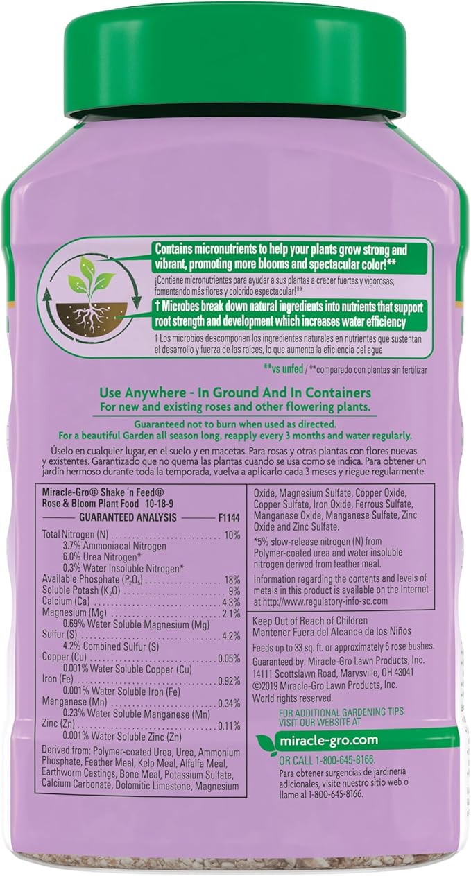 Miracle-Gro Shake 'n Feed Rose and Bloom Plant Food - Promotes More Blooms and Spectacular Colors (vs. Unfed Plants), Feeds Roses and Flowering Plants for up to 3 Months, 1 lb.