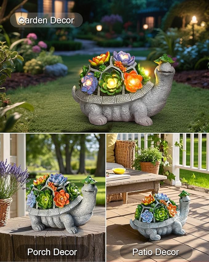 Solar Garden Decor Turtle Statues Lights, Outdoor Figurine Decorations Ornament Lamps for Outside Yard, Lawn, Patio, Porch, Balcony, Unique Birthday Housewarming Gifts for women Mom Grandma(hat)
