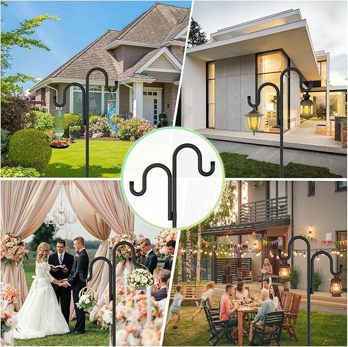 Double Shepherds Hooks for Outdoor, Bird Feeder Pole with 5 Prongs Base, Heavy Duty Garden Hook for Lantern, Wind Chime and Hummingbird Feeder, 92 Inch, 2 Pack