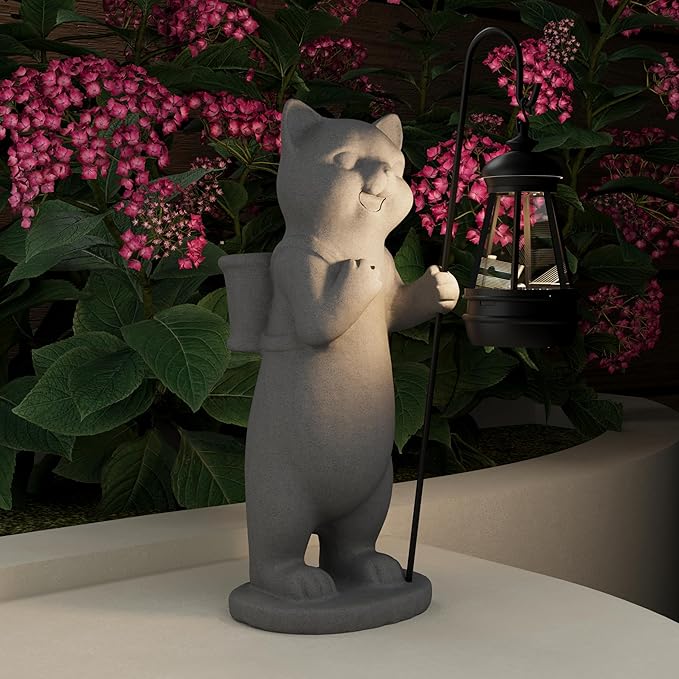 Solar Powered Garden Resin Statue Lights, 10 Inch Waterproof Outdoor Animal Cute Cat Figurine Lights, Suitable for Patios, Balconies, Lawns, Courtyards, Etc. (Basket)