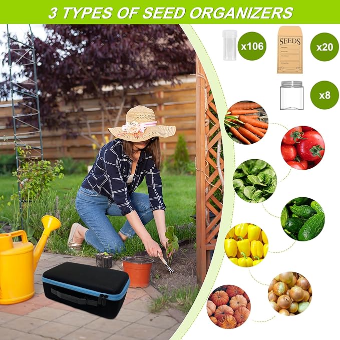 114 Slots Seed Storage Organizer Box with 20 Seed Envelopes, Large Capacity Seed Storage Container with Zipper Bag, Label Stickers, Tweezers, Funnel, Garden Seeds Saver Kit for Vegetable, Flower