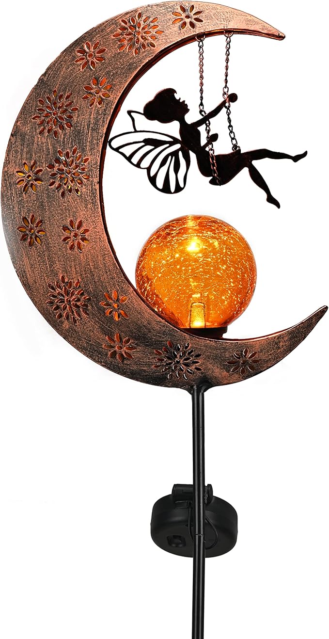 TERESA'S COLLECTIONS Solar Lights Outdoor for Garden Decor, 39" Metal Moon Fairy Pathway Light Garden Statues with Crackle Glass for Patio Decor,Lawn Ornaments Yard Art for Outside, Gift for Christmas