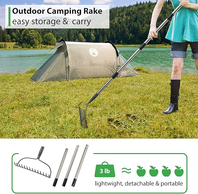 Rake for Leaves, Garden Bow Rake Heavy Duty, 5 ft Leaf Rake for Lawns, Back-Saving Metal Rake with 14 Tines Rake Head, Yard Gardening Tools for Loosen Soil, Clear Gravel Grass Rock, Level Mulch