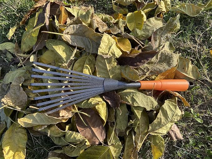 Mini Garden Rake 16 Inch 9 Root Steel Hand Fan Leaf Rake with Ergonomic Comfort Grip & Rust Resistant - Professional Gardening Tool