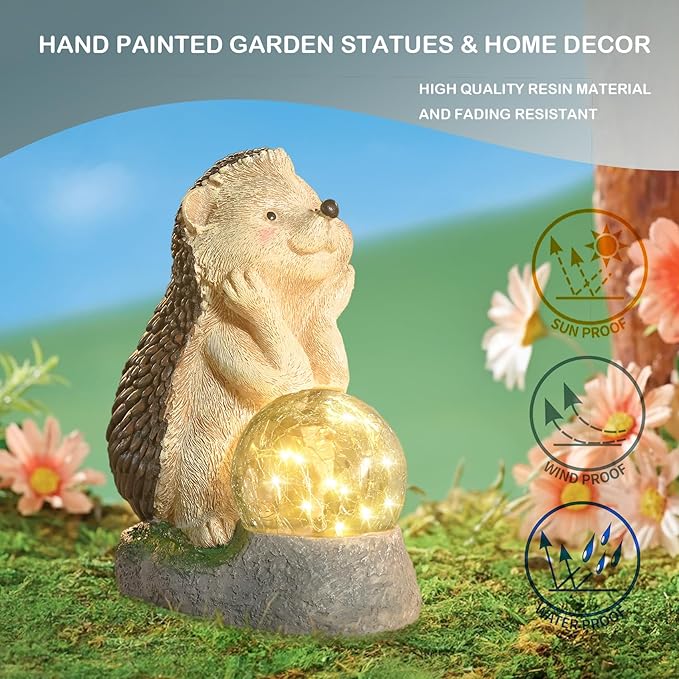 Elenon Hedgehog Decor Solar Lights Statue, Garden Figurines Outdoor Decorative, Yard Art Sculptures & Statues for Patio Yard Pathway