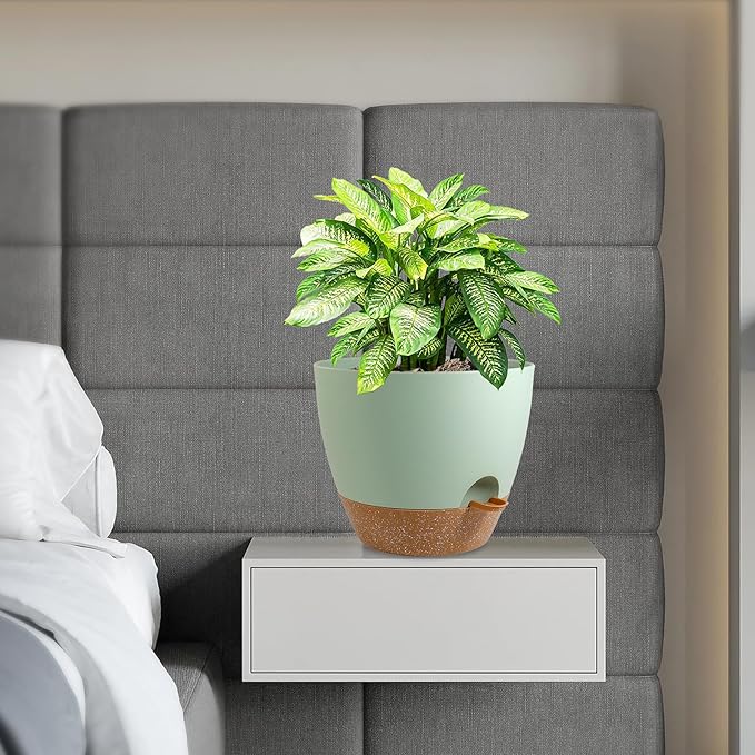 12 inch Large Self Watering Pots, Flower Plant Pots with Drainage Holes for Indoor Outdoor Garden Plants, Plastic Planters with Removable Deep Reservoir, Green with Brown