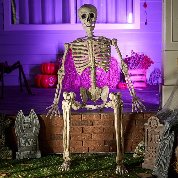 JOYIN 6.9 FT Halloween Skeleton Posable Plastic Full Body Realistic Human Bones with Movable Joints for Indoor Outdoor Halloween Props Spooky Scene Party Decorations(White, No Screwdriver)
