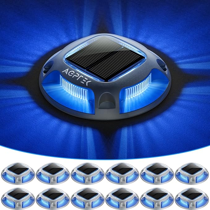 AGPTEK Solar Driveway Lights 12 Pack, 2 Colors in 1 Outdoor Solar Deck Dock Marine Waterproof LED Driveway Marker Security Lights for Outside Pathway,Boat Dock,Step,Walkway,Path,Garden (Blue & White)