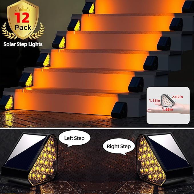 12-Pack Solar Step Lights, Solar Powered Outdoor Waterproof IP67, Auto On Off, Dusk to Dawn LED Stair Lights for Outside Garden, Deck, Front Step, Front Porch, Pathway, Patio