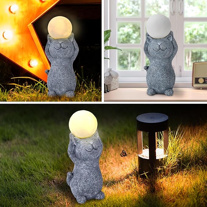 Solar Garden Decor Cat Moon Outdoor Statue and Figurine Lights, Outdoor Patio Sculpture Decor LED Lights Gifts for Mom or Daughter, Garden Statues Birthday Gifts for Women Home and Yard