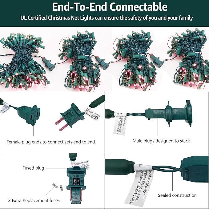 6Ftx4Ft LED Christmas Net Lights Green Wire,Connectable UL Certified Waterptoof Net Lights for Bushes Trees Shurb Garden Outdoor Christmas Decorations