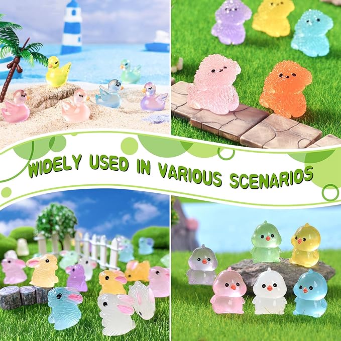 400pcs Luminous Mini Resin Animal in The Dark Tiny Miniature Figures Ornament Duck Frog Mushroom Owl Dog Rabbit Crab Dolphin Shell Fairy Garden Accessories Aquarium Landscape Bonsai Decor