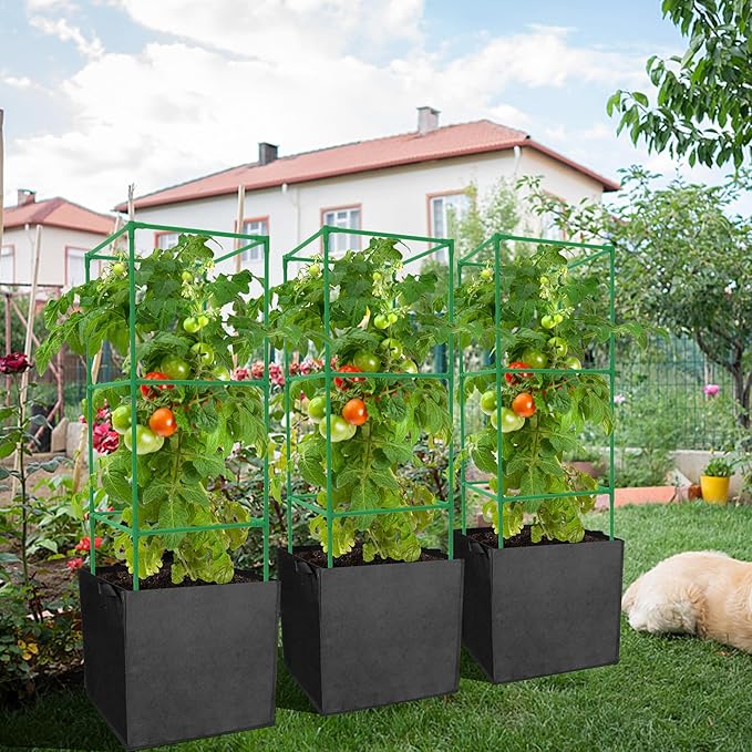 3 Packs 47 x 16 x 16 Inch Garden Tomato Cages with 17.7 Gallon Grow Bags- Square Plant Support Trellis Assembled with Planter Bags- Garden Cucumber Vegetables Frames for Vertical Climbing Plants
