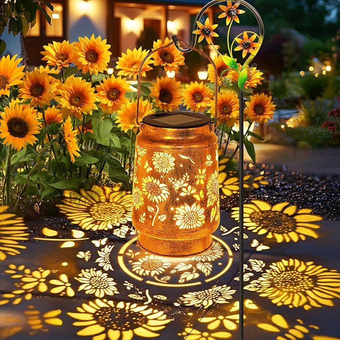 Sunflower Solar Lanterns Garden Decor, Birthday Gifts for Women Mom Grandma Metal Hanging Solar Lights Waterproof Outdoor Decoration LED Lanterns with Shepherd Hook for Outside Garden Yard Patio