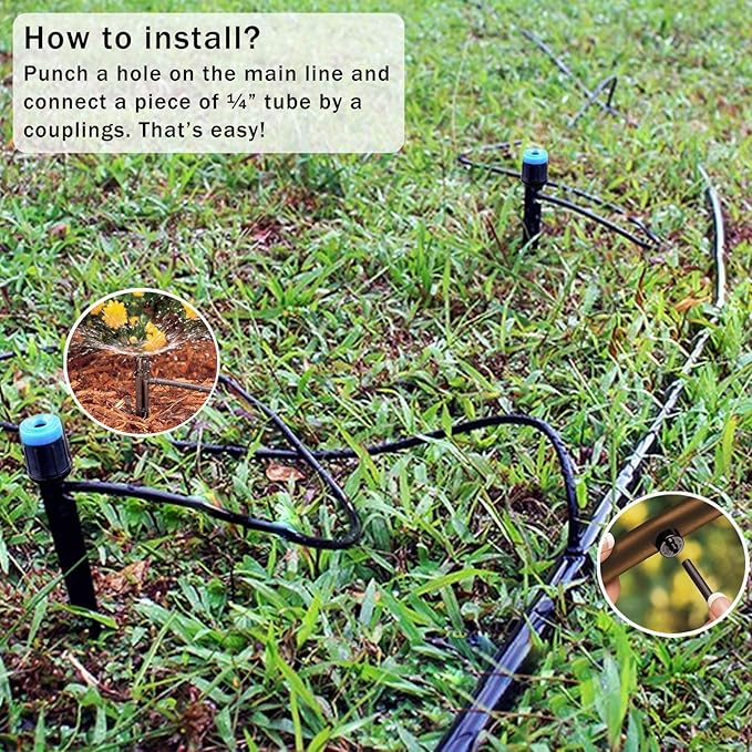 200PCS Drip Emitters Fan Shape with Stake Water Flow Adjustable for 1/4 inch Irrigation Tube Hose, 360 Degree Sprayer Perfect for Irrigation System Watering Kits for Garden Patio Lawn Flower Bed