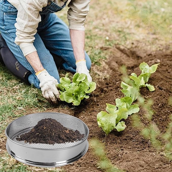 3PCS Soil Sifter Set with 5mm, 3mm, 1mm Mesh - Rock Garden Sieve for Sand, Soil, Compost | Metal Dirt Strainer with Shovel Tools for Gardening, Bonsai, Beach, and Gravel