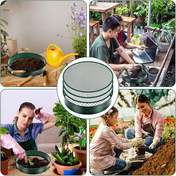 Soil Sifter, 11.8" Fine Mesh Stainless Steel Soil Sifter for Gardening, Compost Sifter with 4 Interchangeable Filter Mesh Sizes 3,6,9,12mm and Shovel, Soil Sieve for Sand Rocks Dirt Compost